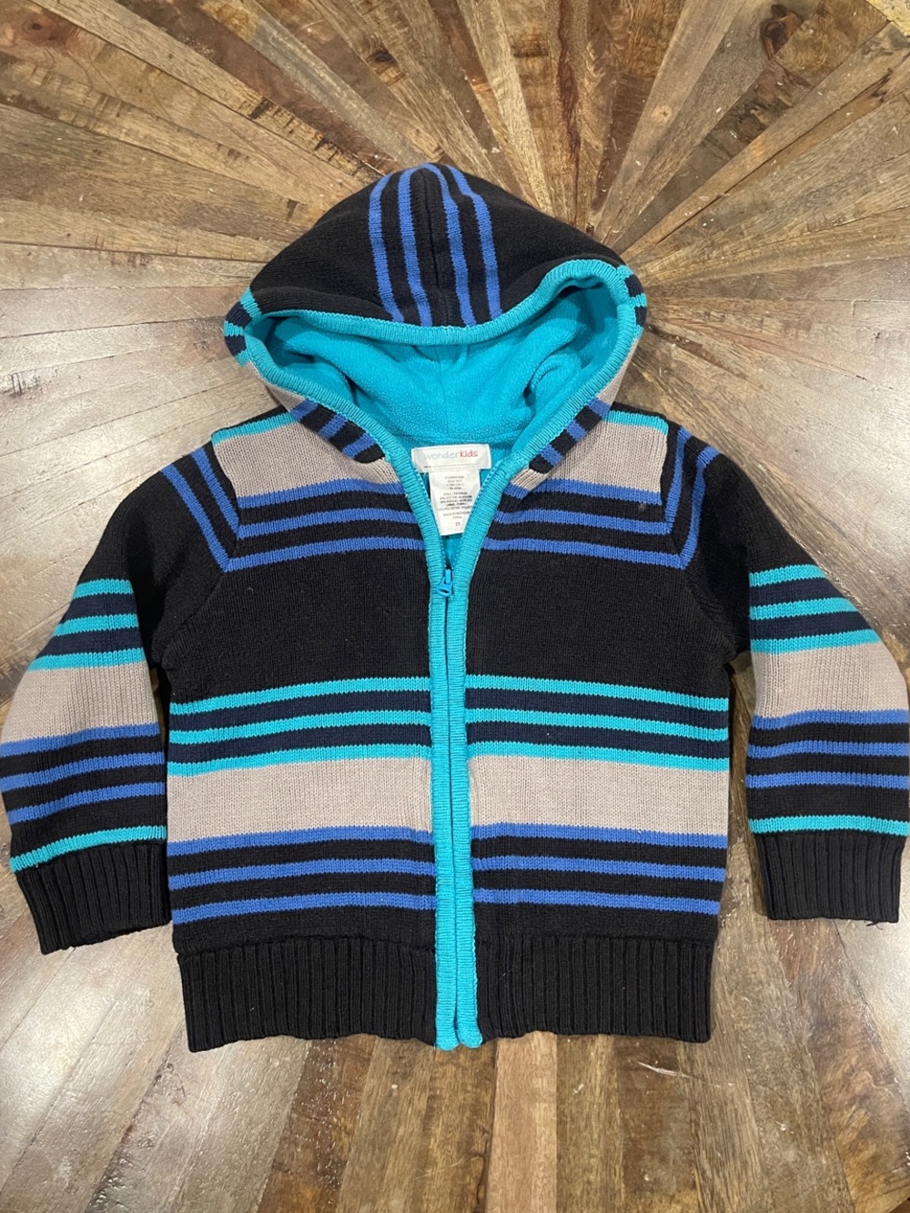 Wonderkids Black Hooded Zip Sweater with Teal & Blue Stripes